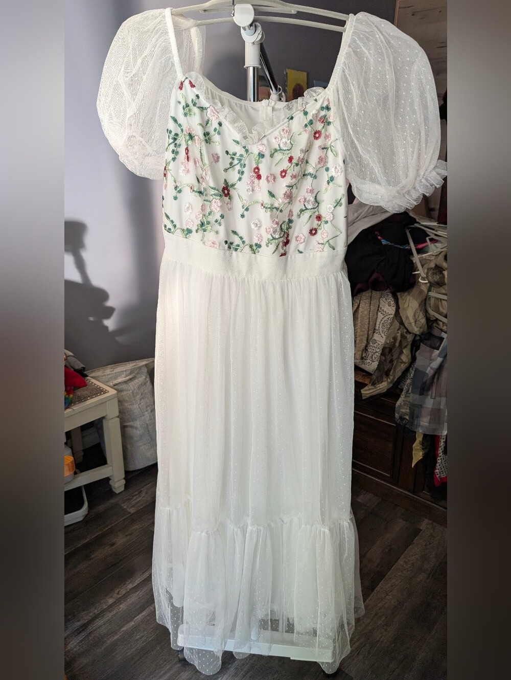 Ivory Floral-Embroidered Puff-Sleeve Maxi Dress